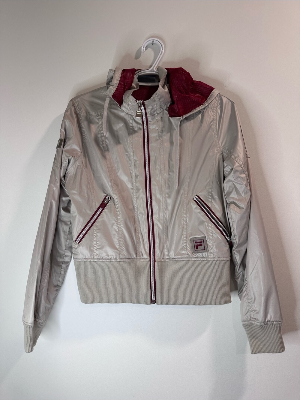 Vintage FILA Y2K Women's Silver Bomber Jacket with Burgundy Trim
